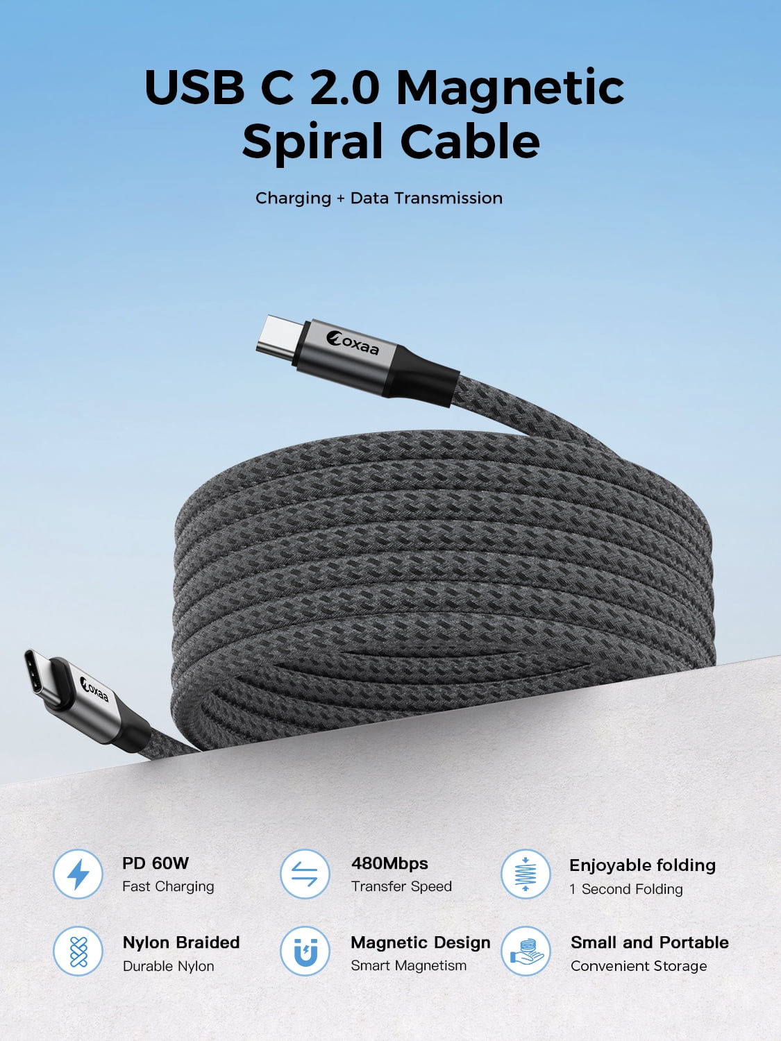 OXAA  USB C to USB C Cable 60W, Fast Charging Braided Magnetic Cable with E-Marker Chip, with Aluminum Connectors, 2-Pack