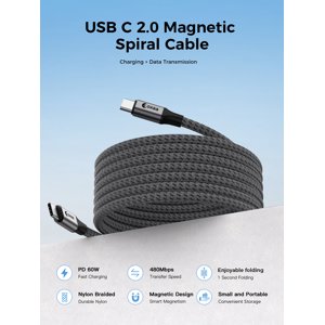 OXAA USB C à USB C Câble 60W, Câble magnétique tressé à charge rapide avec puce E-Marker, avec connecteurs en aluminium, 2-Pack
