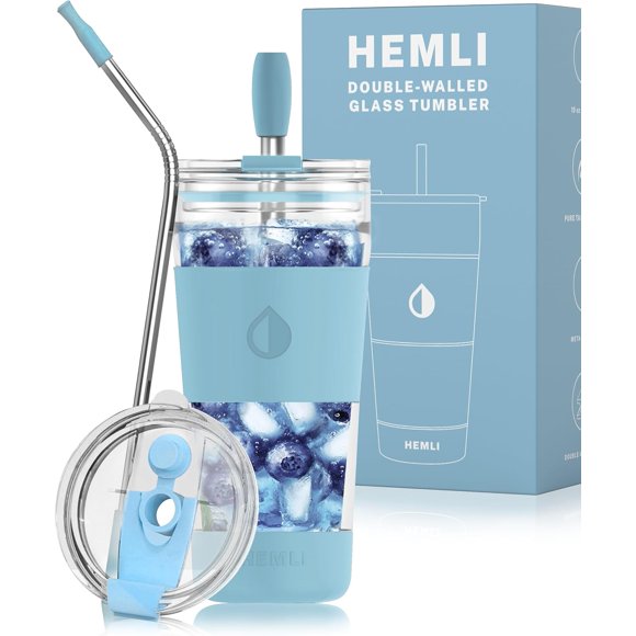 19 oz. Double Wall Glass Coffee Tumbler, To Go Travel Mug with Lid, Portable Glass Thermos with Straw, Reusable Cup, Tea, Smoothies, Ice Coffee, and Boba