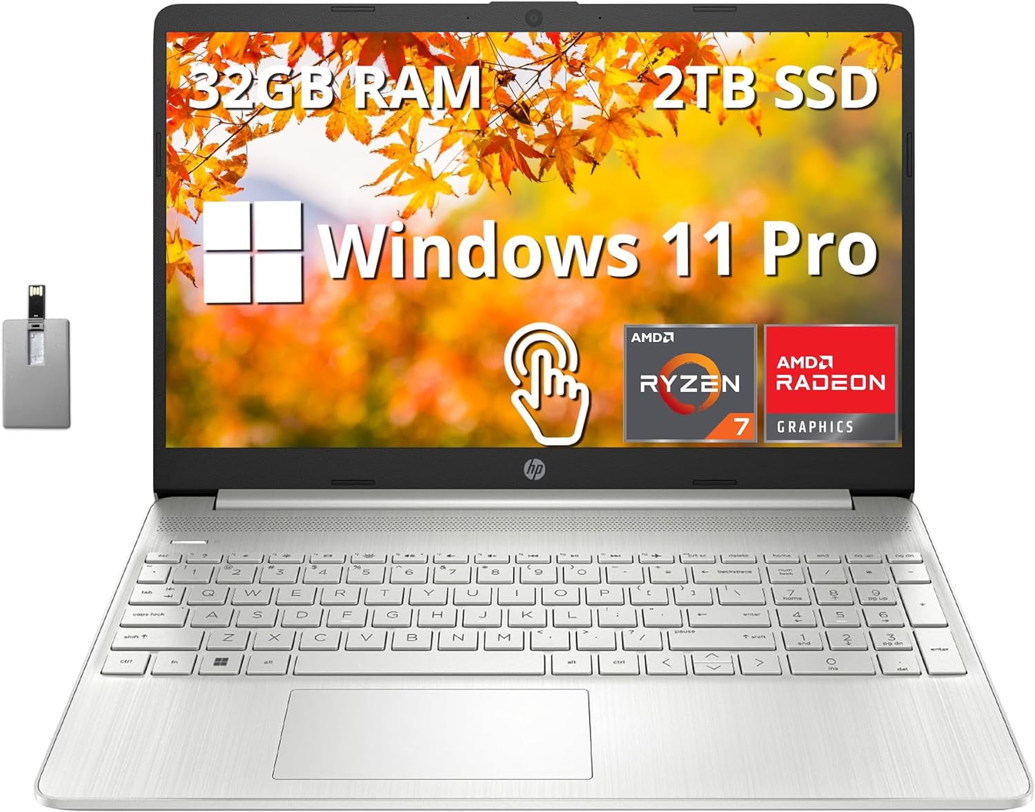 HP Pavilion Portable à Écran Tactile 15,6 Po FHD, AMD Ryzen 7 5700U, 32 Go de RAM, SSD 2 To, Graphiques AMD Radeon, Clavier Pleine Taille, Caméra Web HD, Windows 11 Pro, Argent, Carte USB Hotface 32 Go