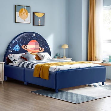 Costway Lit Plateforme Rembourré pour Enfants Lit pour Enfants Format Simple Lit en Bois Motif Galaxie
