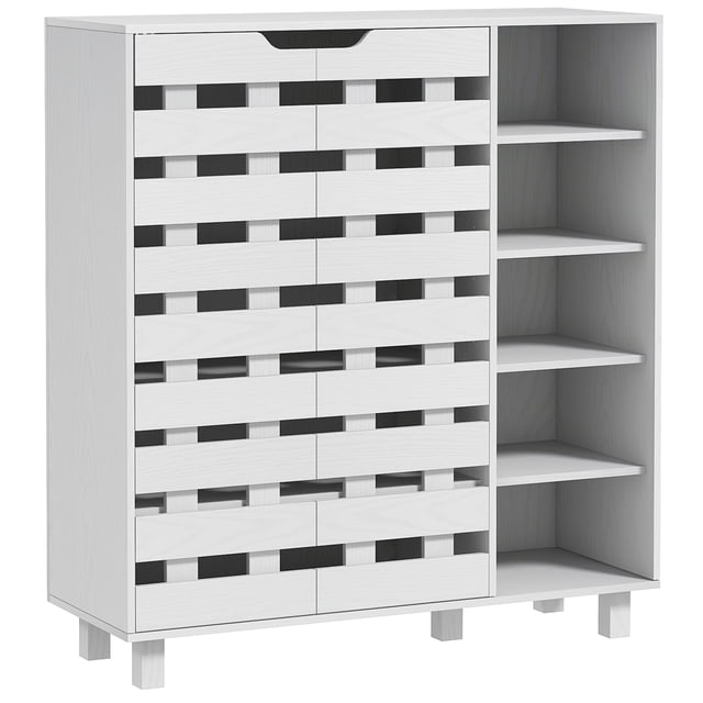 HOMCOM Armoire de Rangement pour Chaussures avec Armoire à 5 Niveaux et 5 Tablettes Ouvertes, Idéale pour le Mobilier d'Entrée et l'Organisation des Chaussures. Fabriquée en Panneau de Particules Blanc avec Portes Ajourées et base Surélevée pour la ventilation. l'Armoire de Gauche Présente des Tablettes Ajustables pour les Chaussures Plus Grandes, Tandis Que le Côté Droit Présente des Tablettes Ouvertes pour un Accès Facile. Peut Contenir jusqu'à 21 Paires de Chaussures et Comprend une surface Supérieure pour le Rangement Ou l'Exposition. Dimensions : 34,3 Pouces de Large, 12,6 Pouces de