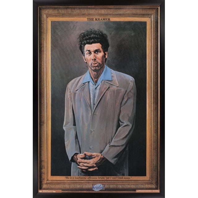 Seinfeld - Kramer Wall Poster, 22.375" x 34", a framed portrait of Kramer wearing a light brown jacket over a blue collared shirt against a dark background, titled 'THE KRAMER' with the quote 'He is a loathsome offensive brute, yet I can't look away.' Ideal for bedroom, office, or dorm wall decor.