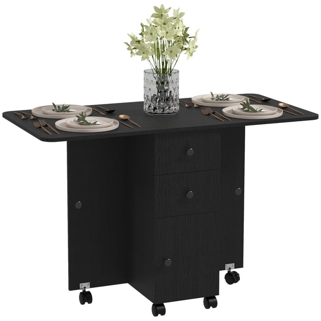 HOMCOM Table à Manger Pliable, Table de Cuisine Roulante avec Tiroirs, Armoire