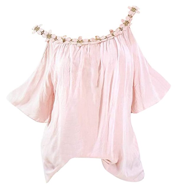 Birdeem T-Shirt Blouse Sans Bretelles à Épaules Dénudées pour Femmes Grande Taille avec Col Rond Appliqué et Fleurs