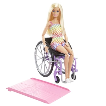 Barbie Fashionistas Doll #194 with Wheelchair & Ramp, Blond Hair, Rainbow Dress & Accessories