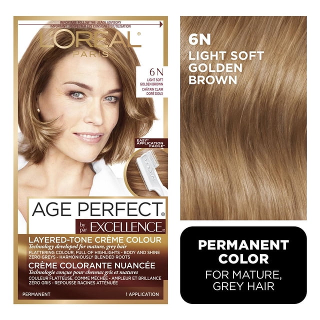 L'Oréal Paris Excellence Age Perfect Hair Dye 6N Light Soft Golden Brown, permanent layered-tone crème colour designed for mature grey hair, providing natural highlights, blended roots, and easy application for full coverage and shine.