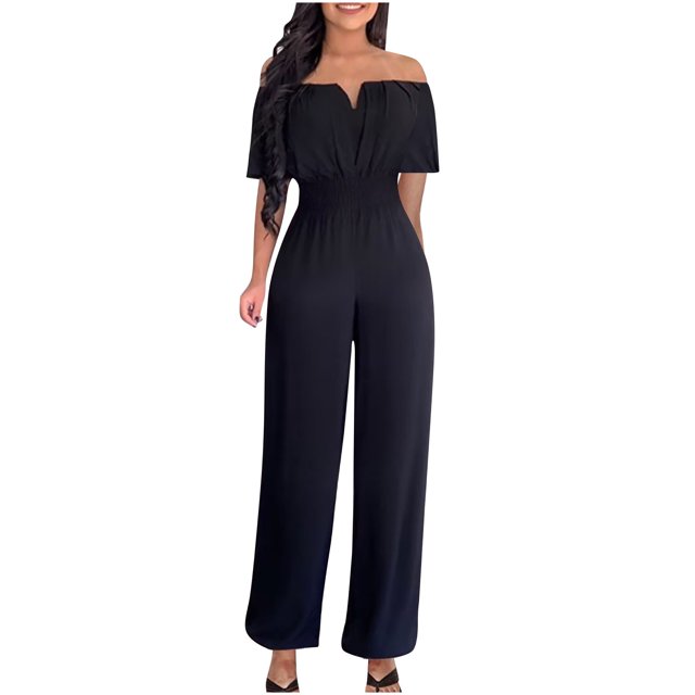 Birdeem Womens One Line Neck Waist Loose Straight Jumpsuit Versatile Pants
