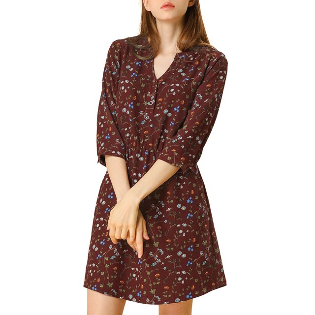 INSPIRE CHIC Robe à Boutons pour Femme à Col en V à Fleurs Manches 3/4 avec Poches Latérales