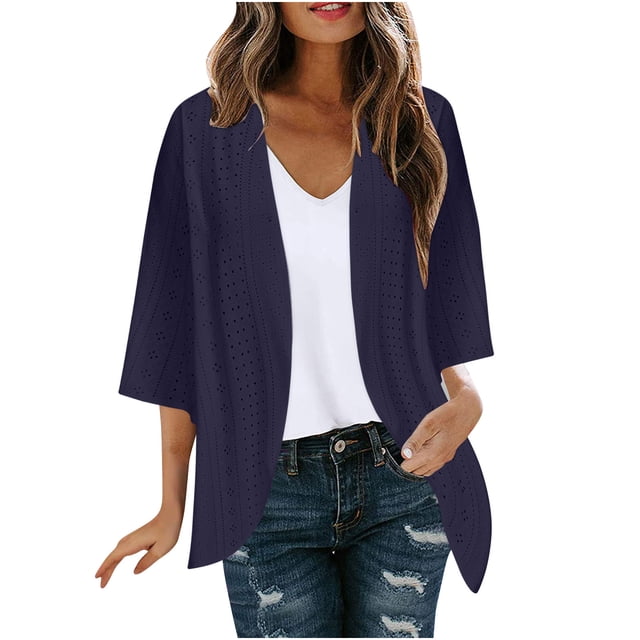 yoeyez Light Cardigans for Women Summer Womens Plus Size Solid Color Kimono Cardigan Puff Sleeve Tops Oversize Loose Cover Ups Cardigans Dark Blue,S