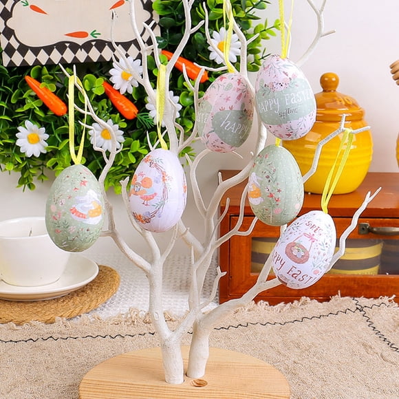 Small Easter Hanging Eggs,6pc Easter Decorations for The Home Plastic Eggs,Easter Tree Ornaments,Easter Tree Decorations Hanging Eggs,Hand Painted Eggs for Tree Basket Diy Crafts Easter Party Favors