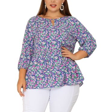 Agnes Orinda Women's Plus Size Tops Babydoll Ruffle Peplum Keyhole 3/4 Sleeves Floral Blouses 2X Blue