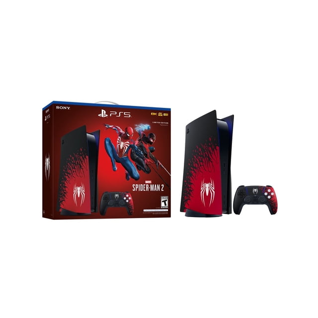 PlayStation®5 Console – Marvel’s Spider-Man 2 Limited Edition Bundle featuring a symbiote takeover design. This PS5 console bundle includes custom console covers, a matching DualSense wireless controller, and a voucher for a digital copy of Marvel’s Spider-Man 2. The console and controller feature bold red and black graphics with a white spider emblem inspired by the game. Packaging highlights Peter Parker and Miles Morales swinging through Marvel’s New York.
