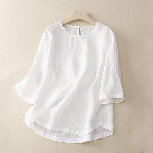Meichang Chemises en Lin pour Femmes Été Rétro Manches 3/4 Hauts pour Femmes T-Shirts Basiques Coupe Ample Col Rond T-Shirts Vintage Blouses Grande Taille