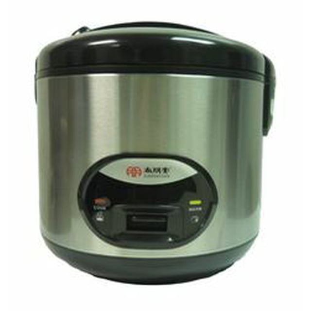 Sunpentown Rice Cooker SC2006 with stainless steel inner pot, 6-cup capacity. Features a durable stainless steel inner pot, one-button control panel, and automatic keep-warm function. Includes a steaming tray, measuring cup, and rice spatula. Compact design with a black and silver finish.