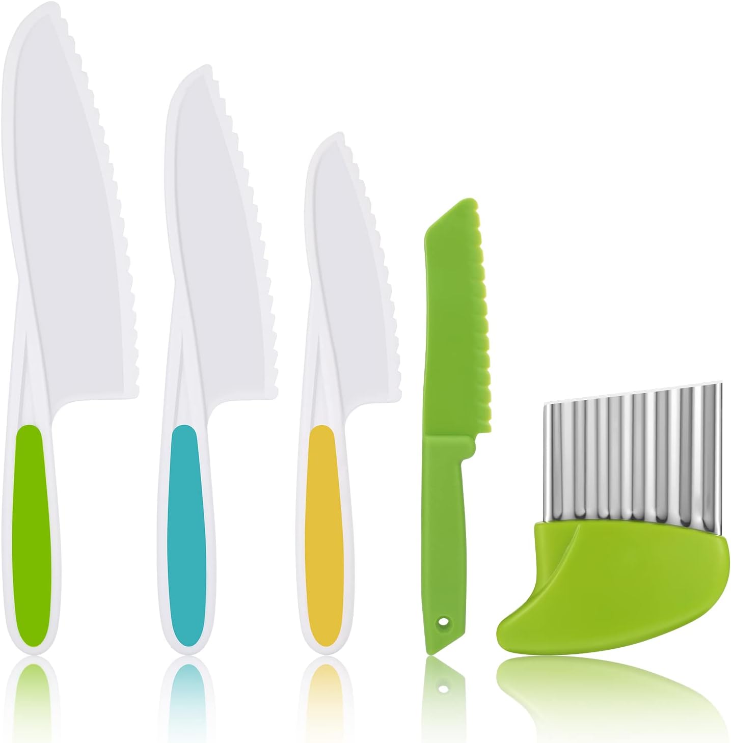 ORUYROP 5PCS Kids Knife Set for Cooking, Plastic Kitchen Safety Knives in 4 Sizes, Plastic Cutting Board/Firm Grip Serrated Edges for Vegetables, Fruits(Green)