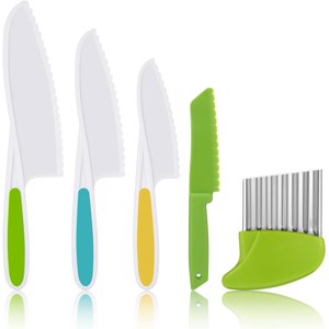 ORUYROP 5PCS Kids Knife Set for Cooking, Plastic Kitchen Safety Knives in 4 Sizes, Plastic Cutting Board/Firm Grip Serrated Edges for Vegetables, Fruits(Green)