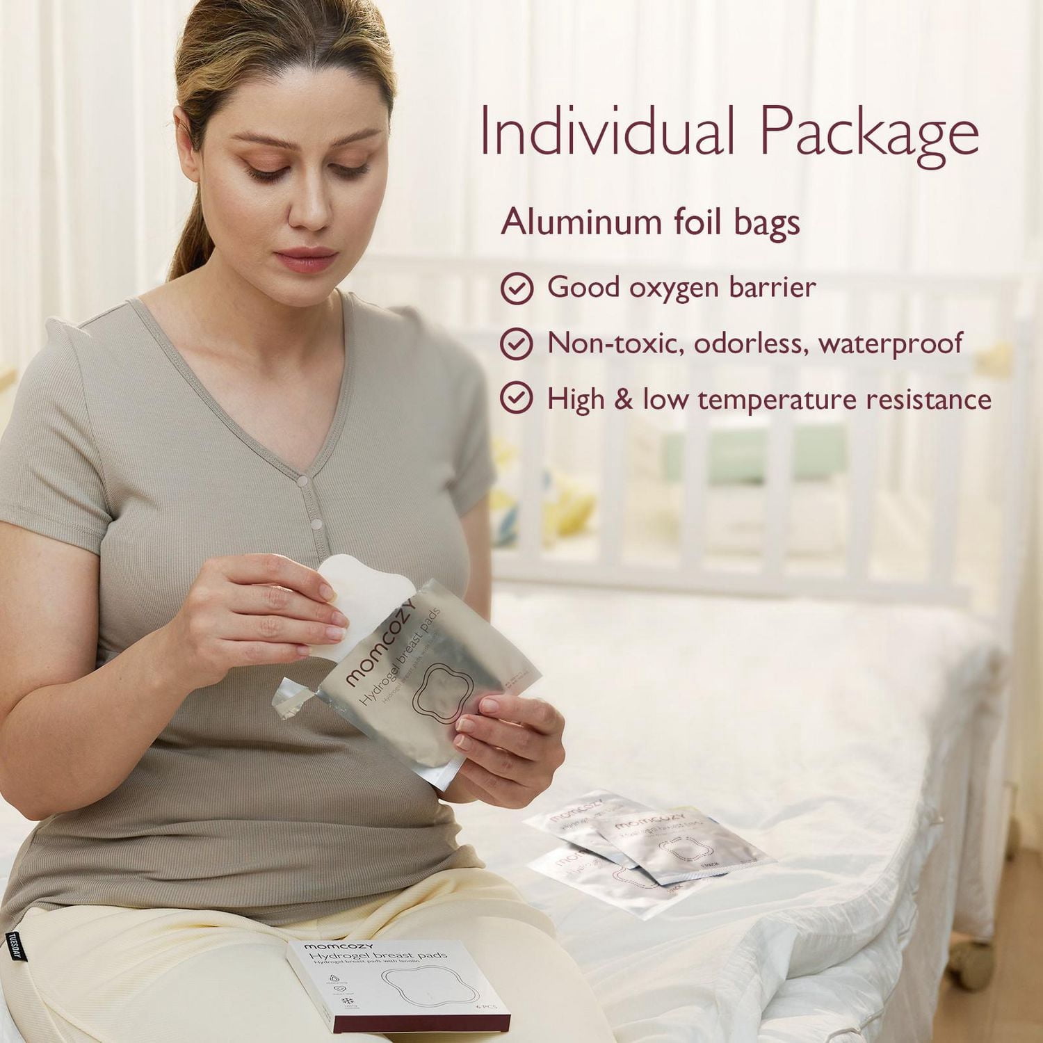 Momcozy Compresses pour Mamelons en Hydrogel avec Lanoline Apaisante, Compresses de Gel pour l'Allaitement Apaisantes Procurant un Soulagement Rafraîchissant Instantané, Essentiels pour l'Allaitement, 6 Compresses