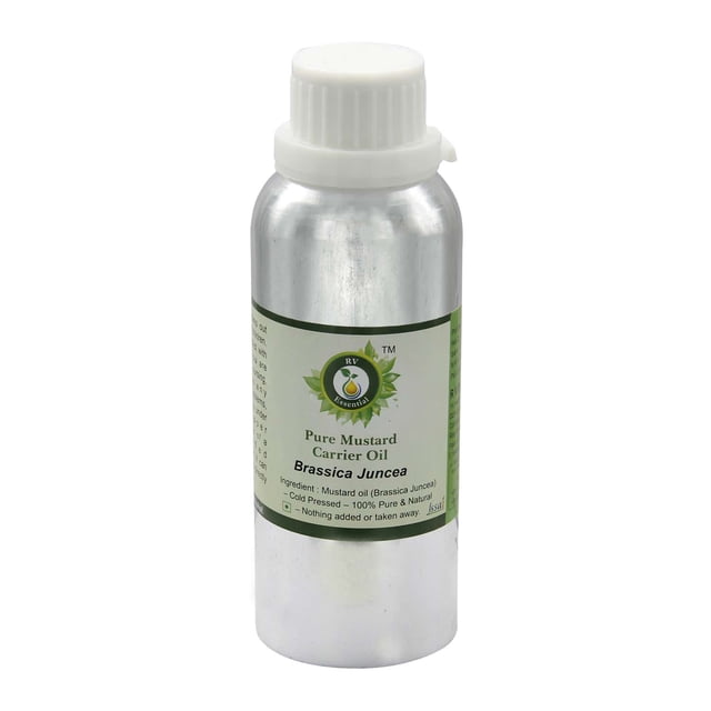 Mustard Oil Brassica Juncea Mustard Seed Oil Unrefined by R V Essential, presented in a 300ml high-quality virgin aluminum bottle. This cold-pressed carrier oil is 100% pure and natural, ideal for hair growth, skin care, and massage.