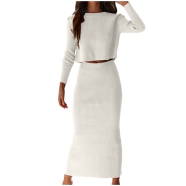Aqestyerly Ensemble Décontracté pour Femme en Tricot, Chandail et Jupe, Manches Longues, TG