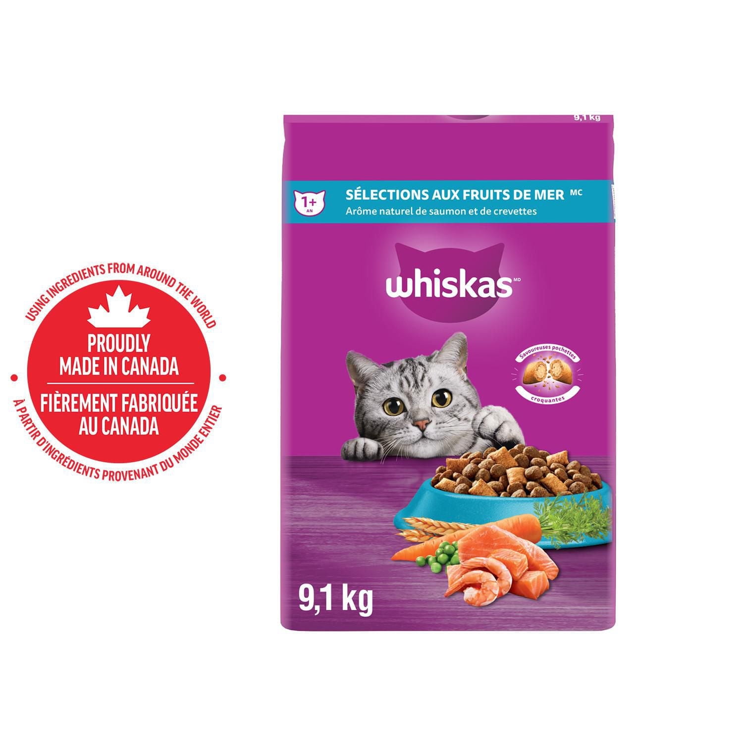WHISKAS Nourriture Sèche pour Chats Adultes Sélections de Fruits de Mer, Saveur Naturelle de Saumon & de Crevettes 9.1kg