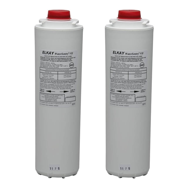 Elkay 51299C WaterSentry VII Water Fountain Replacement Filter Assembly (2 Pack). Two white cylindrical filters with red caps, compatible with WaterSentry VII filtration systems. Features include Quick-Disconnect, quarter turn installation, and an automatic inlet shutoff valve. Removes lead, chlorine, odors, and discoloration from water. Each filter measures 3.2 x 3.2 x 12 inches and is recommended for replacement every 1,500 gallons or 6 months.