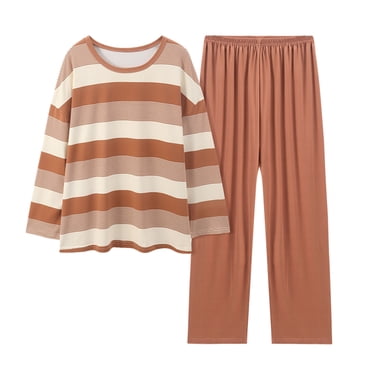 2025 Pyjama pour Femmes Confortable à Rayures Dégradées en Dentelle Ensemble de Pyjama Couleur Unie Imitation Coton Pyjamas pour Femmes Grandes Pyjama Décontracté Ample Joli Vêtement de Nuit pour Femmes à Manches Longues Pantalon