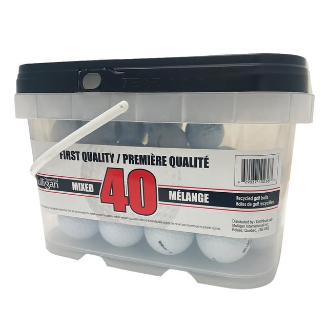 Mixed White Recycled Golf Balls, pack of 40 by Mulligan, in a clear reusable bucket with black lid and white handle, containing assorted branded balls inspected for quality and consistent play, offering an eco-friendly, affordable choice for all golfers.