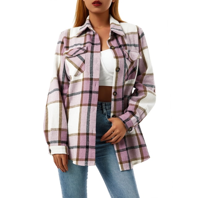 Women Plaid Flannel Shirt Jacket Button Down Lapel Long Sleeve Shacket Cardigan Coats Fall Spring Clothes