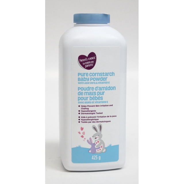 Parent's Choice Pure Cornstarch Baby Powder with aloe vera and vitamin E in a white plastic container with a blue screw cap, labeled in English and French as hypoallergenic, dermatologist tested, and designed to help prevent skin irritation and chafing, weighing 425 grams, featuring an illustration of two rabbits with pink hearts on a blue base.