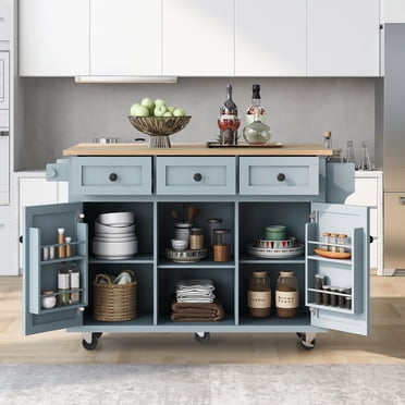 Joqixon Rolling Kitchen Island Cart with Drop-Leaf Countertop, 3 Drawers & Adjustable Shelves for Dinning Room, Blue