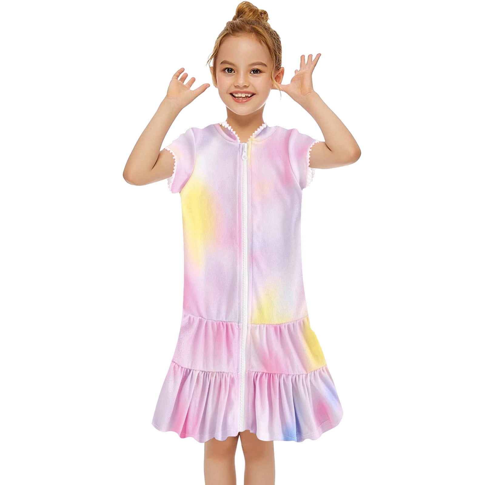 Hiiyo Robe de Plage à Capuche Zippée pour Grandes Filles, Cache-Maillot de Bain Couleur Arc-en-Ciel à Manches Courtes