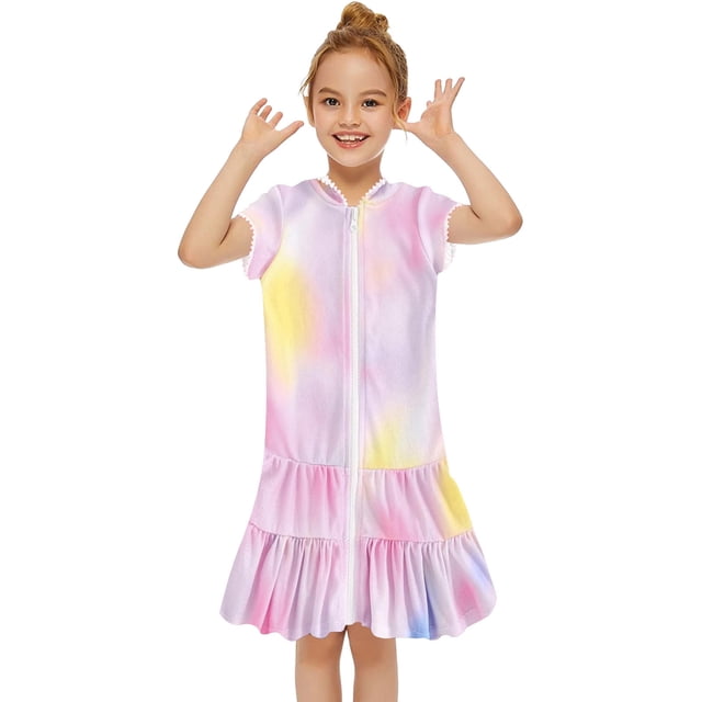 Hiiyo Robe de Plage à Capuche Zippée Couleur Arc-en-Ciel pour Petites Filles avec Manches Courtes