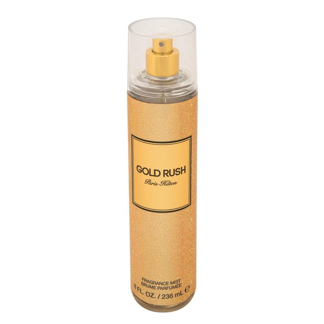 Paris Hilton Gold Rush Body Mist in a tall cylindrical gold glitter spray bottle with clear cap and gold nozzle, 8 fl oz (236 ml) fragrance mist for women, offering a lush, feminine scent inspired by Hollywood glam and suitable for daily skin refreshment.
