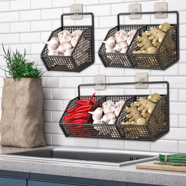Usloyux 3Pcs Ginger Garlic Hanging Basket, No Punch Wall Mounted Spice Frame Kitchen Shelf, Multi Function Organizer for Onion Potato Vegetable Storage, Household Kitchen Counter Pantry Cabinet