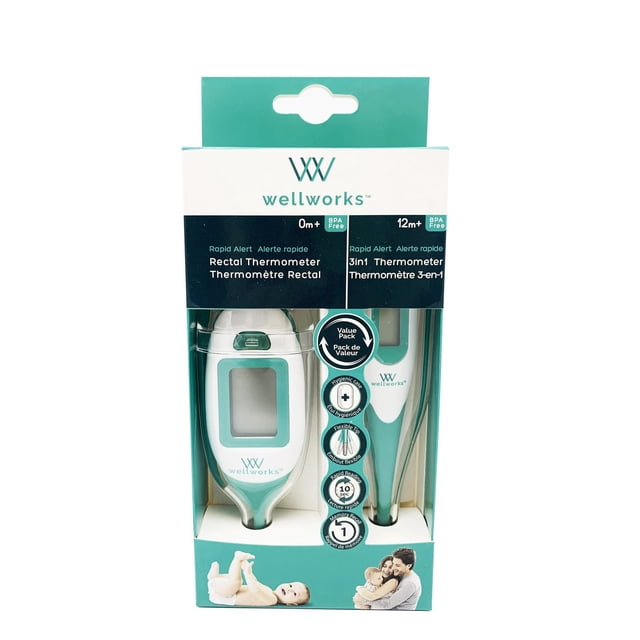 wellworks™ Combo Rapid Alert Rectal & 3in1 Digital Thermometer pack includes two BPA-free thermometers in white and teal. Features a rectal thermometer for newborns 0 months+ and a 3in1 thermometer for 12 months+, both with 10-second readings, flexible tips, large digital screens, and memory recall for accurate baby temperature tracking.