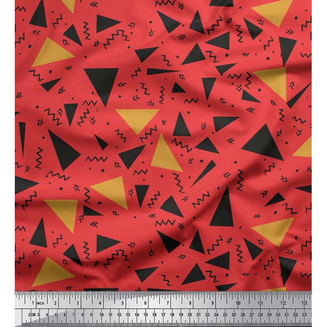 Soimoi Orange polyester Crepe Fabric Dot,Zig Zag & Triangle Geometric Printed Fabric 1 Yard 52 Inch Wide