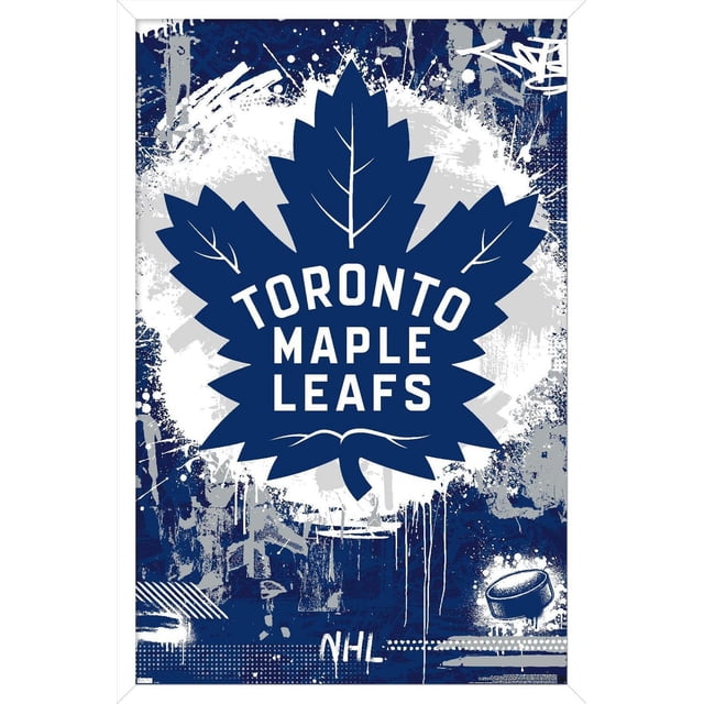 NHL Toronto Maple Leafs - Maximalist Logo 23 Wall Poster featuring a large blue maple leaf with white 'Toronto Maple Leafs' text centered on a blue, white, and gray splattered background with abstract paint effects, a small hockey puck, and 'NHL' lettering at the bottom, printed on glossy poster paper measuring 22.375 by 34 inches, ideal for home décor and sports fan rooms.