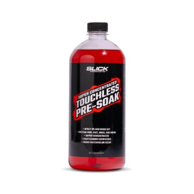 Slick Products Super Concentrated Touchless Pre-Soak 32 oz clear plastic bottle containing red prewash solution for automotive cleaning, designed to soften and loosen mud, dirt, bugs, and grime, compatible with foam cannons, and scented with fresh watermelon.