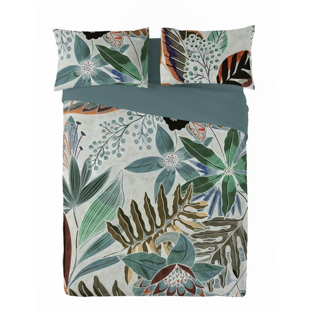 Gouchee Home Sorela Queen 3-Piece Duvet Cover Set with tropical leaf print in green, blue, brown, and orange on a light background, reversible to solid muted green, includes two matching pillow shams, made of 100% Oeko-Tex certified cotton percale with hidden zipper closures and internal corner ties, suitable for mattresses up to 15 inches deep, often used to refresh bedroom decor with botanical style.