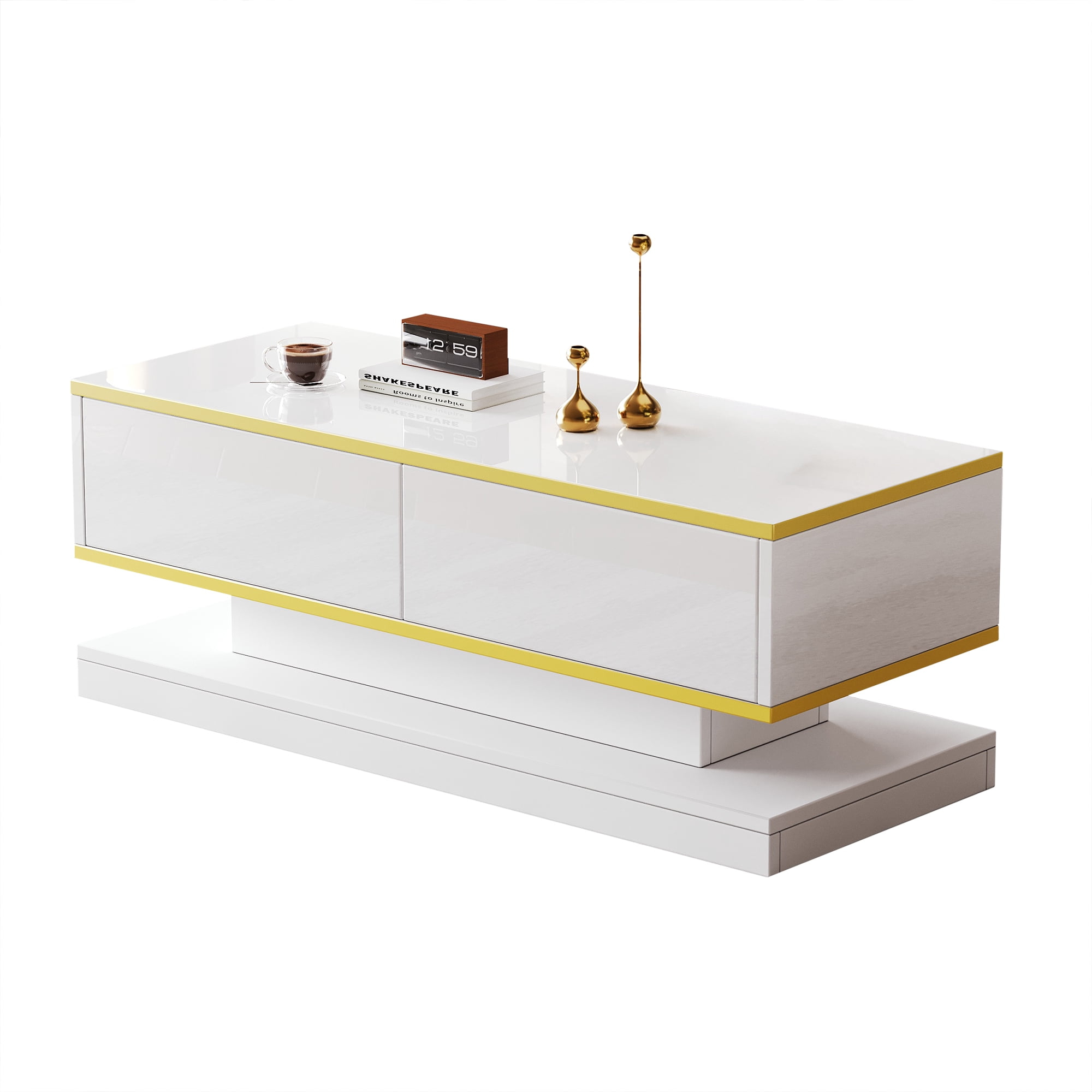 Table basse Noble House 100 cm, fini lustré, bordure dorée, 2 tiroirs, blanche