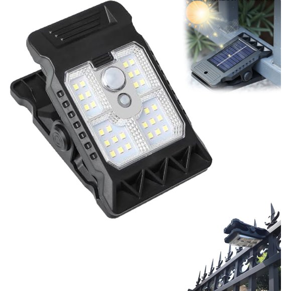 Lampe Solaire à Pince avec Détecteur de Mouvement – Lampes Solaires Étanches à Pince pour l'Extérieur pour Clôture, Terrasse et Garage, Éclairage de Sécurité Sans Fil à 3 Modes, Pince Portable pour le Camping et la Cour