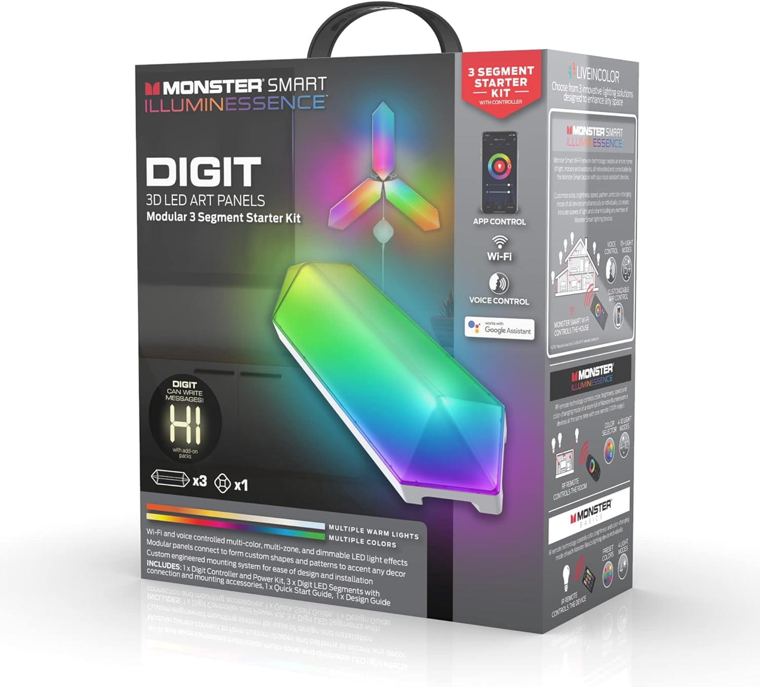 Monster Digit 3D LED Art Panels Starter Kit, 3 Modular Panels, Wi-Fi Smart Lighting, RGB, Voice Control, Sound Reactive – MLB7-1035-CAN