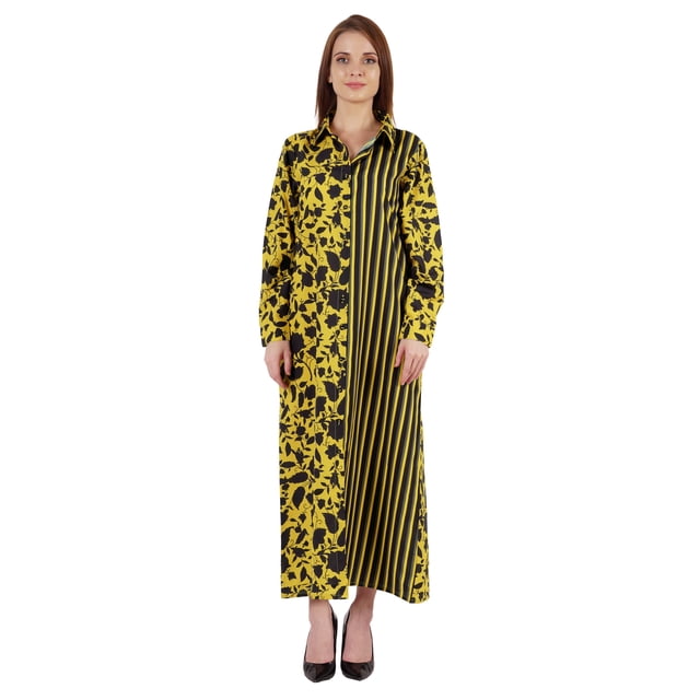 Bimba Robe Chemise Maxi Imprimée à Manches Longues pour Femmes, Coupe Ample Décontractée, Boutonnée