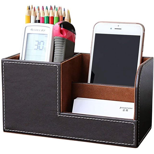 KINGFOM Pu Leather Desktop Organizer Pen Container with Drawer, Multi-Function School Office Supplies Storage Box for Keys, Pen/Pencil, Cellphone, Business Cards, Paper, Remote Control Holder Brown