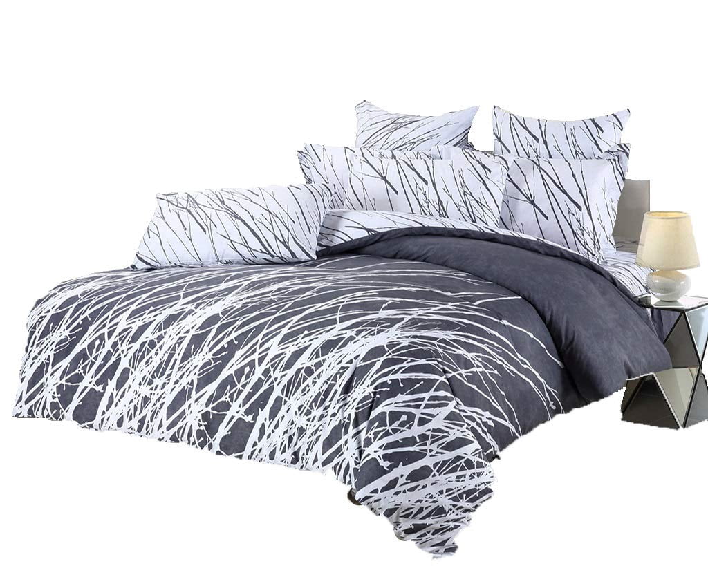 Swanson Beddings Tree Branches 3-Piece 100% Cotton Bedding Set: Duvet Cover and Two Pillow Shams (Gray-White, Queen)