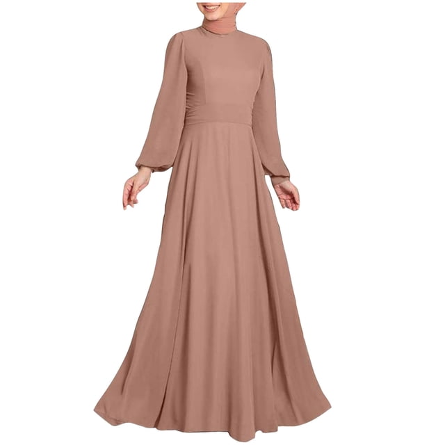 Women High Neck Abaya Muslim Dress Solid Color Prayer Clothes Long Sleeve Islamic Robe Full Length Dresses