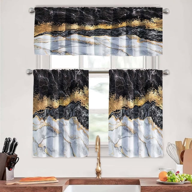 Marble and Gold Kitchen Curtains Tiers and Valances Set 3 Piece for Windows with gold glitter marble patterns, designed for privacy and light reduction. Includes two tier panels and one valance, made of soft, fade-resistant pongee material. Ideal for kitchens and living rooms, shown installed above a sink in a modern kitchen setup.