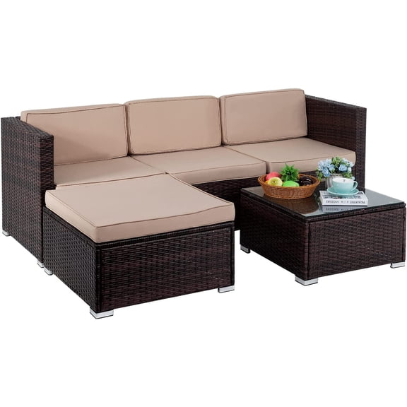 FDW 5-Piece Outdoor Patio Set, Rattan Wicker Sofa, Chairs & Table for Garden, Porch, Balcony, Poolside – Khaki
