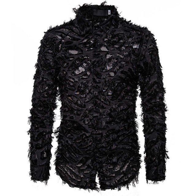 CEHVOM Men Handmade Three-dimensional Feather Featured Turndown Shirt Top Blouse